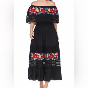 Women Embroidered Mexican Peasant Casual Lace Off-Shoulder Long Dress